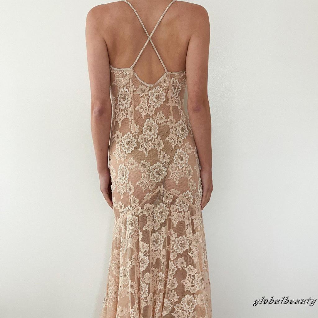 Đầm Dài Không Tay Phối Ren Thiết Kế Chéo Thời Trang Mùa Hè Cho Nữ