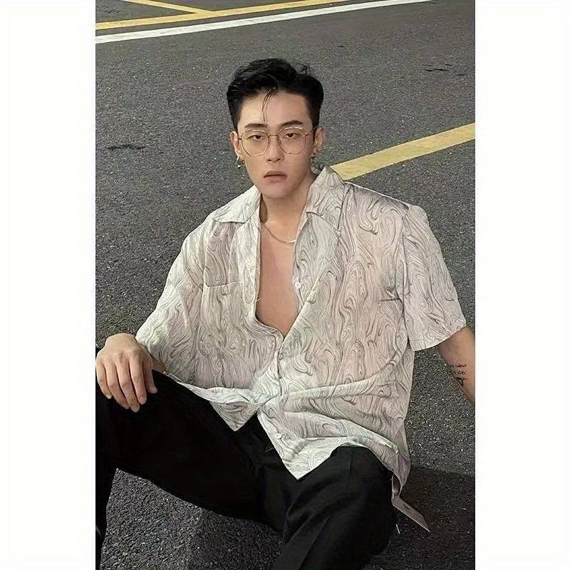 Summer Retro Wave Pattern Short-Sleeved Shirt Men's Trendy Trendy Fashion Handsome Design Sense Niche Lazy Loose Casual Shirt Trendy JeIt