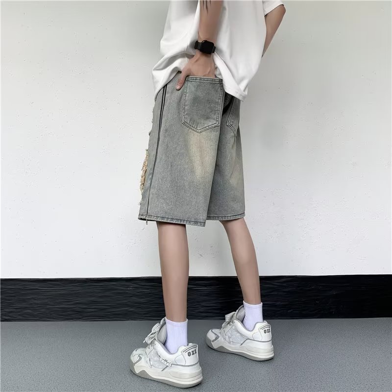 Quần Short Denim Họa Tiết Rằn Ri Phong Cách Đường Phố Mùa Hè Cho Nam