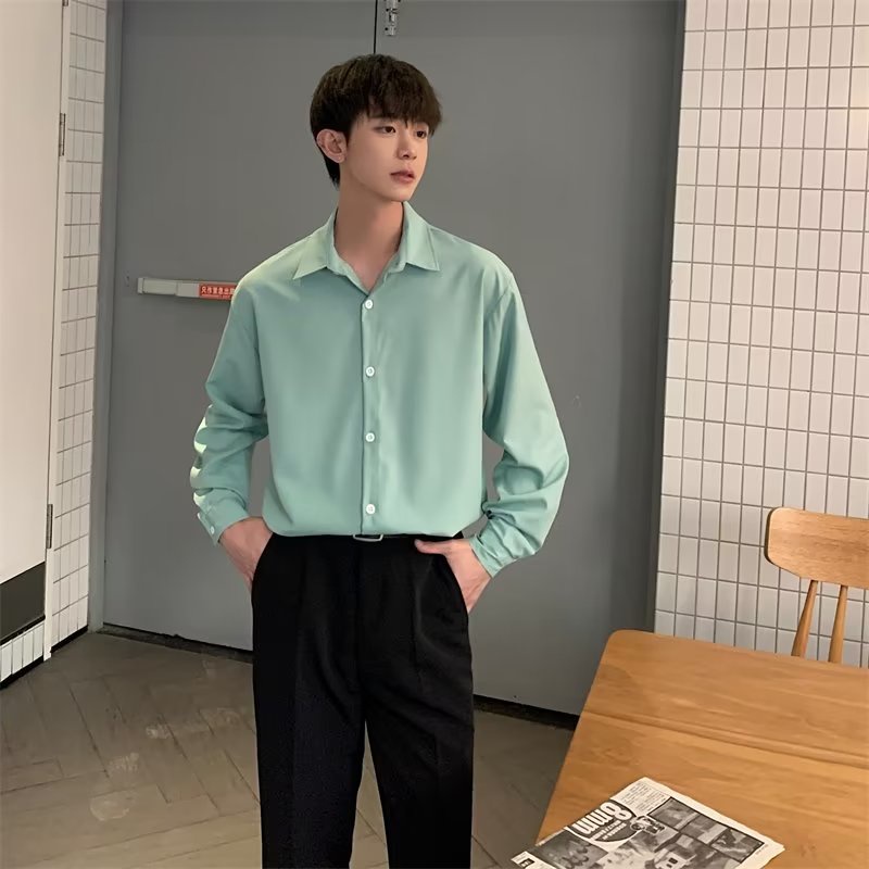 Áo Sơ Mi Tay Dài Dáng Rộng Bằng Lụa Mát Phong Cách Hàn Quốc Thời Trang Xuân Thu Cho Nam