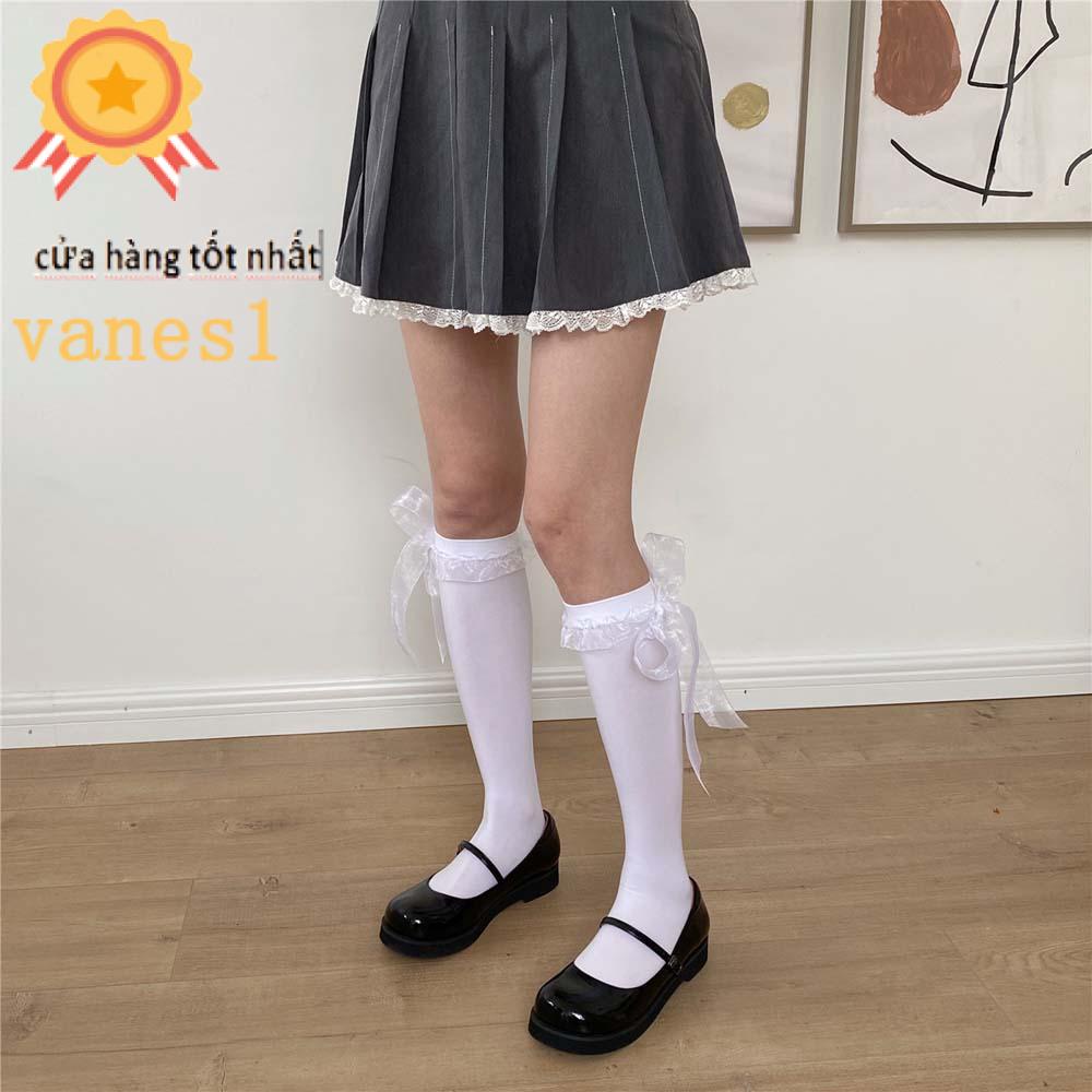 Vớ Dài Bằng Nylon Mềm Thoáng Khí Đính Ruy Băng Ren Phong Cách Lolita Ves1