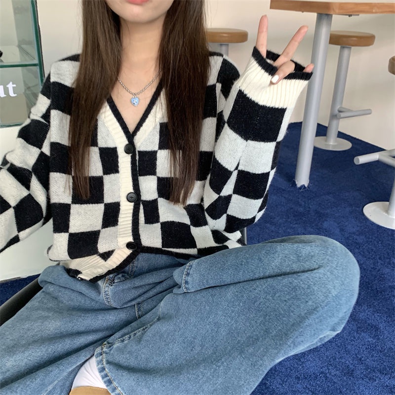 Áo Khoác cardigan Dệt Kim Tay Dài Cổ Chữ V Họa Tiết Kẻ Sọc Thời Trang Thu Đông Cho Nữ