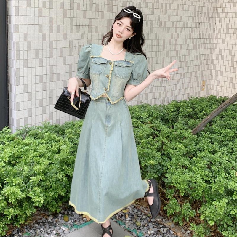 Bộ Áo Khoác Denim Cổ Vuông Tua Rua + Chân Váy Denim Dài Lưng Cao Thời Trang Mùa Hè Cho Nữ