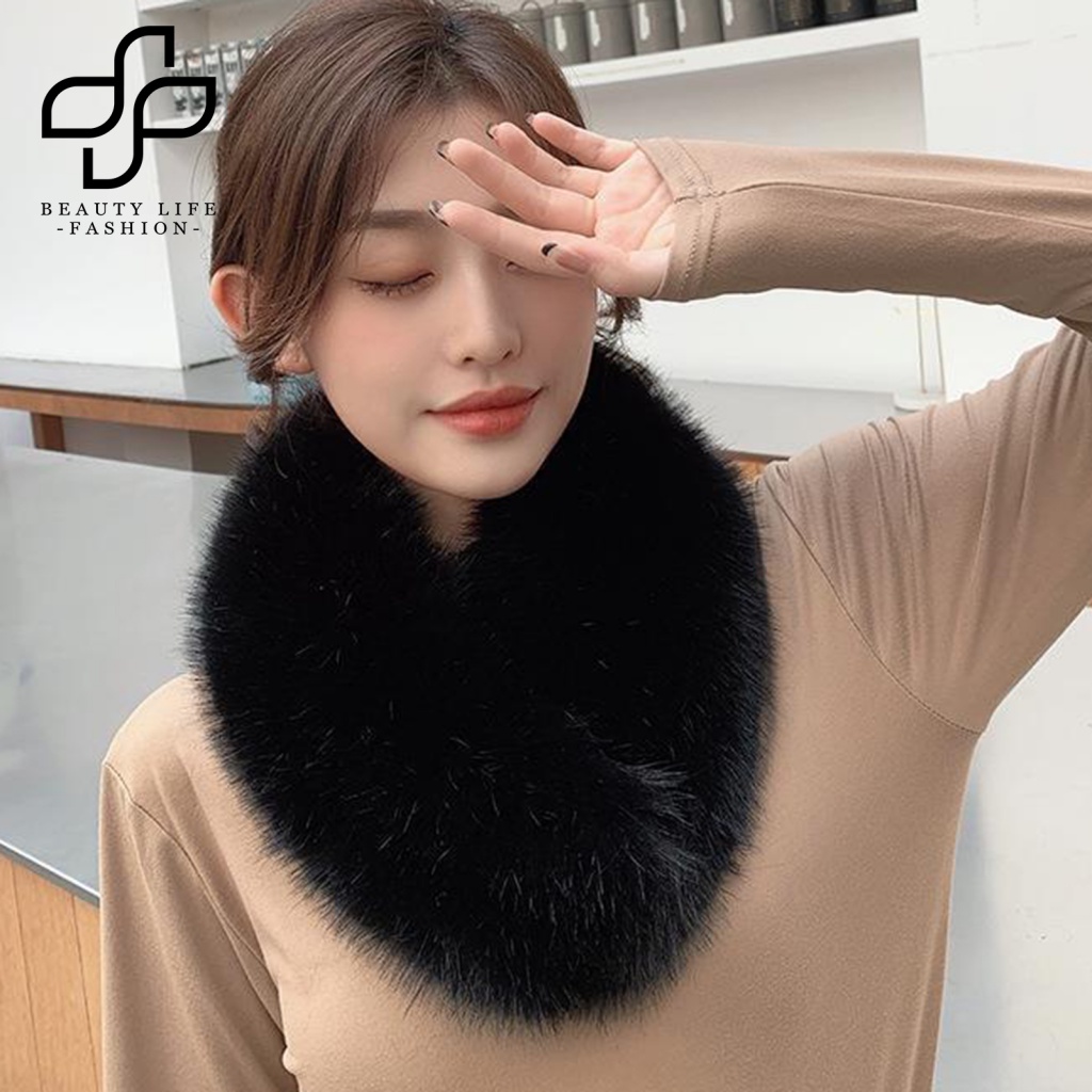 Khăn Choàng Cổ Phối Lông Giả Màu Trơn Ấm Áp Thời Trang Mùa Đông Cho Nữ