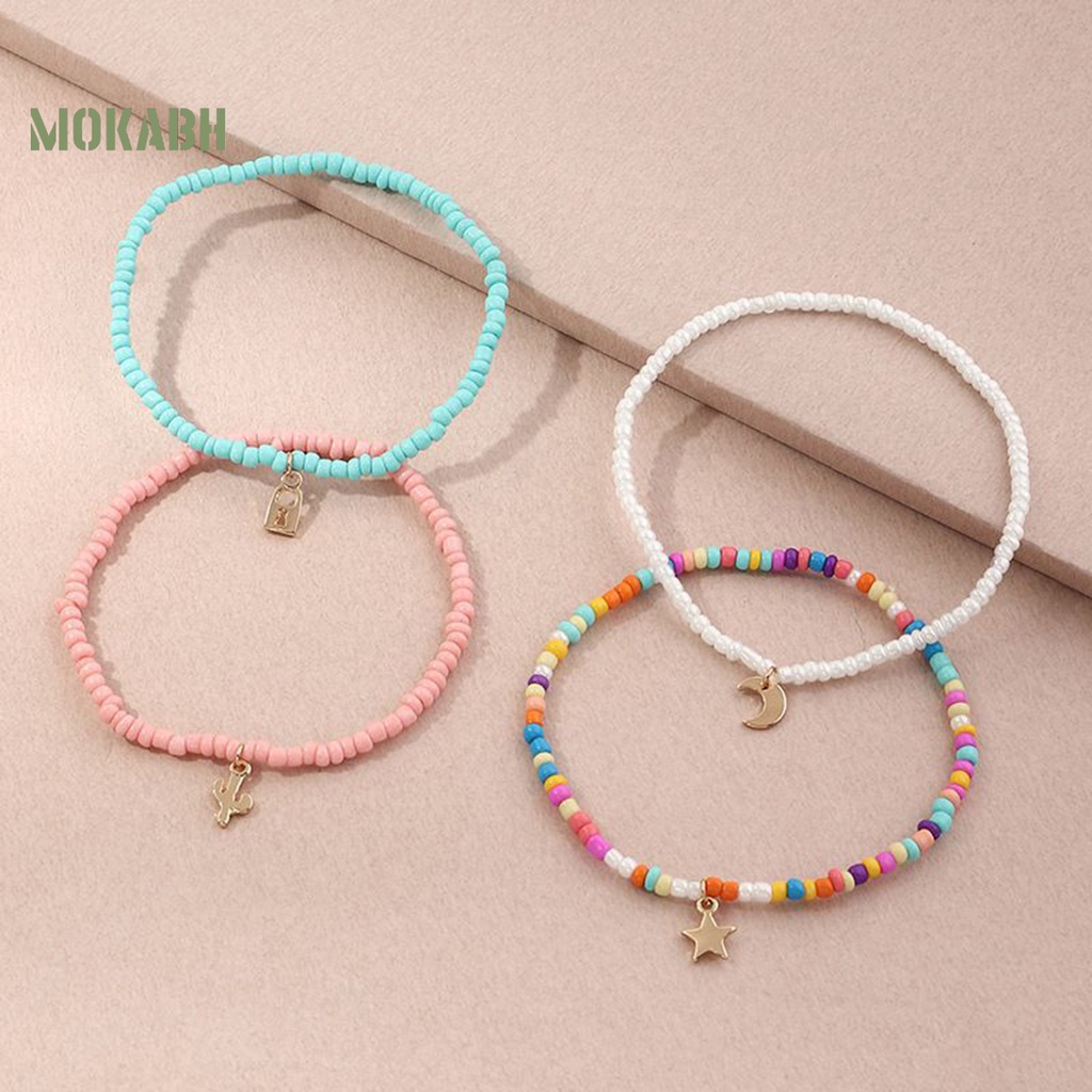 [Mok Abh] Set 4 Lắc Chân Chuỗi Hạt Nhiều Màu Sắc Bắt Mắt Tinh Tế Co Giãn Làm Quà Sinh Nhật Cho Nữ