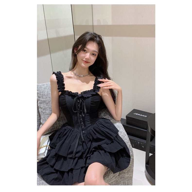 Đầm Ngắn Hai Dây Ôm Eo Màu Đen Quyến Rũ Dành Cho Nữ