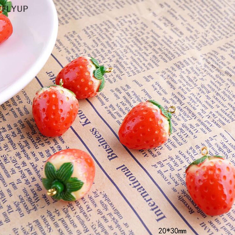 Set 10 Mặt Dây Chuyền Resin Hình Trái Dâu 3D Màu Đỏ DIY