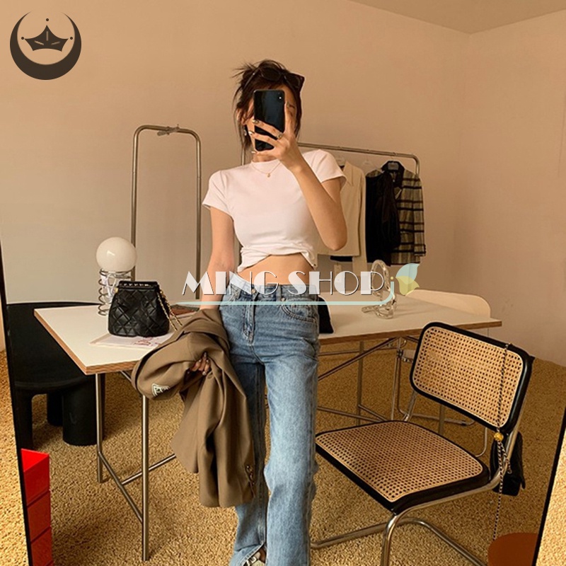 Áo Thun Croptop Tay Ngắn Cổ Tròn Màu Sắc Đơn Giản Cho Nữ