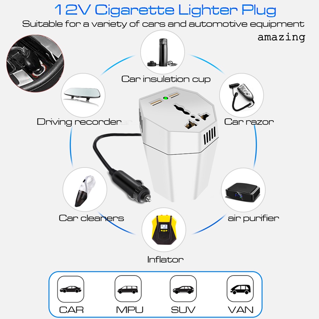 Bộ Chuyển Đổi Nguồn Điện AC USB Kép Thông Dụng Cho Xe Hơi DC 12V Sang 110V AC / Máy Tính Bảng