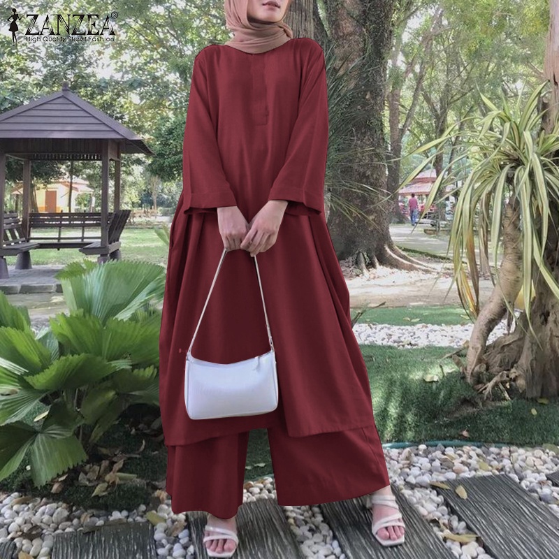 Zanzea Set Áo Thun Dài Tay Cổ Tròn + Quần Dài Lưng Thun Màu Trơn Cho Phụ Nữ Hồi Giáo