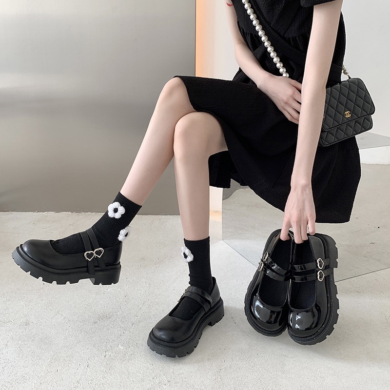 Giày Da Đế Dày Phối Khóa Hình Trái Tim Phong Cách Mary Jane Cổ Điển Thời Trang Cho Nữ