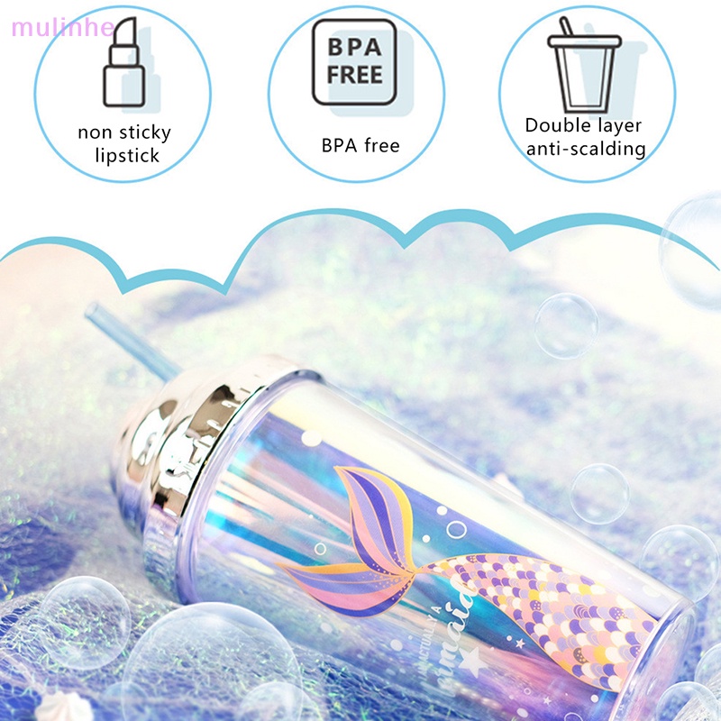 Cốc Uống Nước 420ml Bằng Nhựa Không BPA Cách Nhiệt Chống Rò Rỉ Họa Tiết Nàng Tiên Cá vn