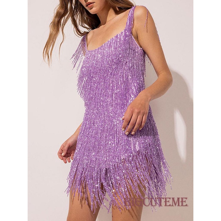 Đầm Hai Dây Ngắn Đính Kim Sa Màu Sắc Thời Trang Mùa Hè Cho Nữ