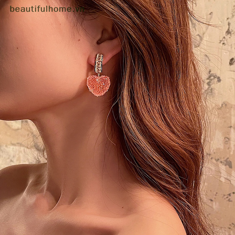 1 Đôi Bông Tai Hình Trái Tim Đính Đá Zircon Màu Hồng Dễ Thương Dành Cho Nữ