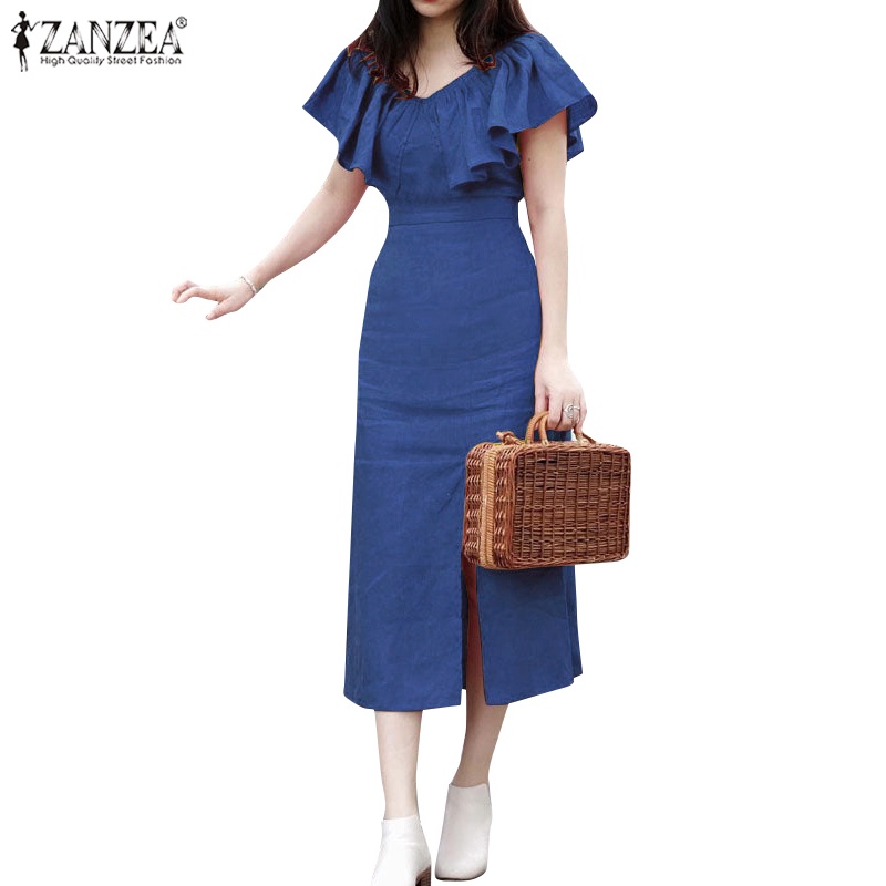 Đầm nữ ZANZEA cổ chữ V xẻ tà thời trang Hàn Quốc