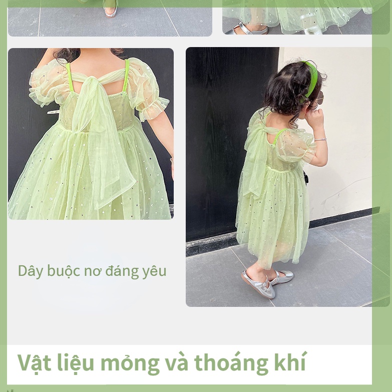 Đầm Công Chúa Phồng Phối Lưới Màu Xanh Lá Cây Phong Cách Hàn Quốc Dễ Thương Dành Cho Bé Gái