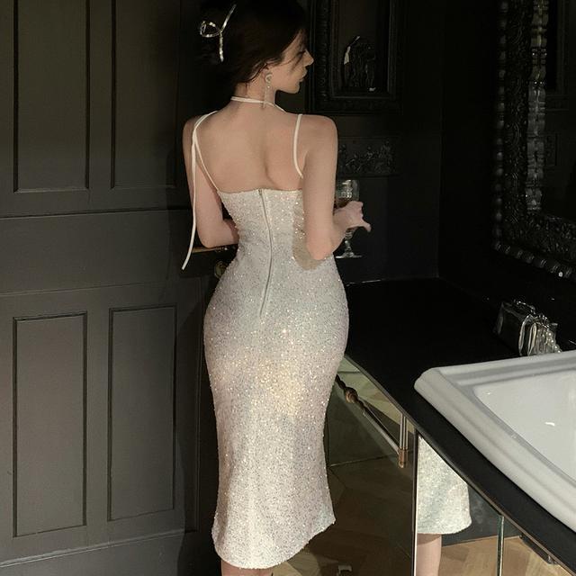 Đầm Ôm Hông Đính Kim Sa Lấp Lánh Màu Bạc / Trắng Phong Cách Sang Trọng Cho Nữ