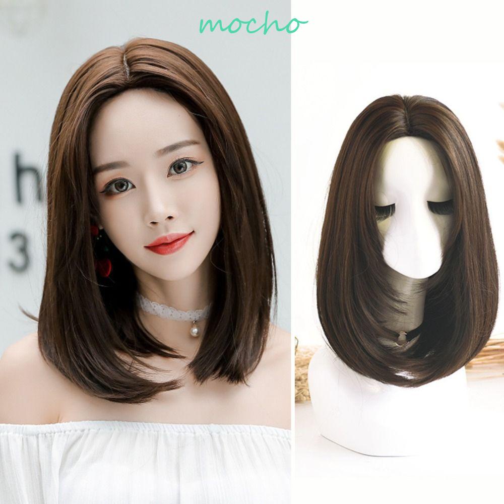 Tóc Giả Ngắn Thẳng Tự Nhiên Bằng Sợi Tổng Hợp Chất Lượng Cao Không Đường May Màu Xám Nâu Chịu Nhiệt