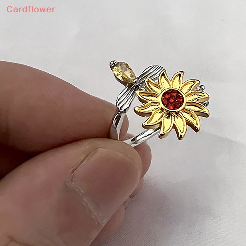 &lt; Cardflower &gt; Nhẫn Hở Hình Hoa Hướng Dương / Ong Và Hoa Hướng Dương Zircon Xoay Được Thời Trang Nữ Mới