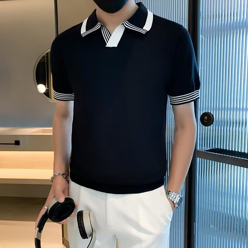 Áo Thun polo Dệt Kim Tay Ngắn Dáng Ôm Thoáng Khí Phong Cách Hàn Quốc Thời Trang Mùa Hè Cho Nam