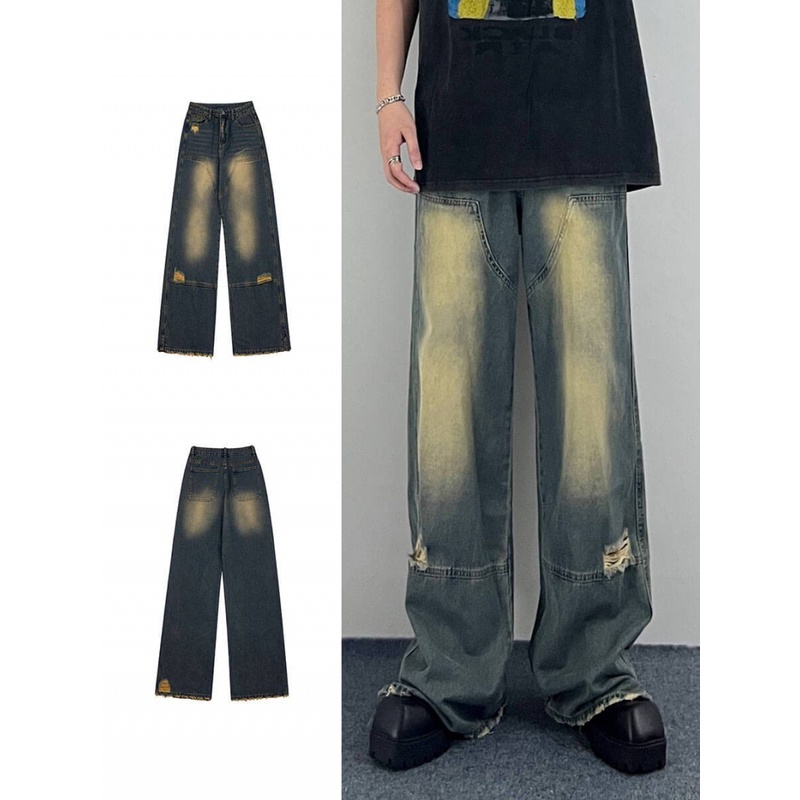 Quần Jean Ống Rộng Xẻ Tà Màu Gradient Phong Cách Đường Phố Mỹ Kiểu Mới Cho Nam Và Nữ