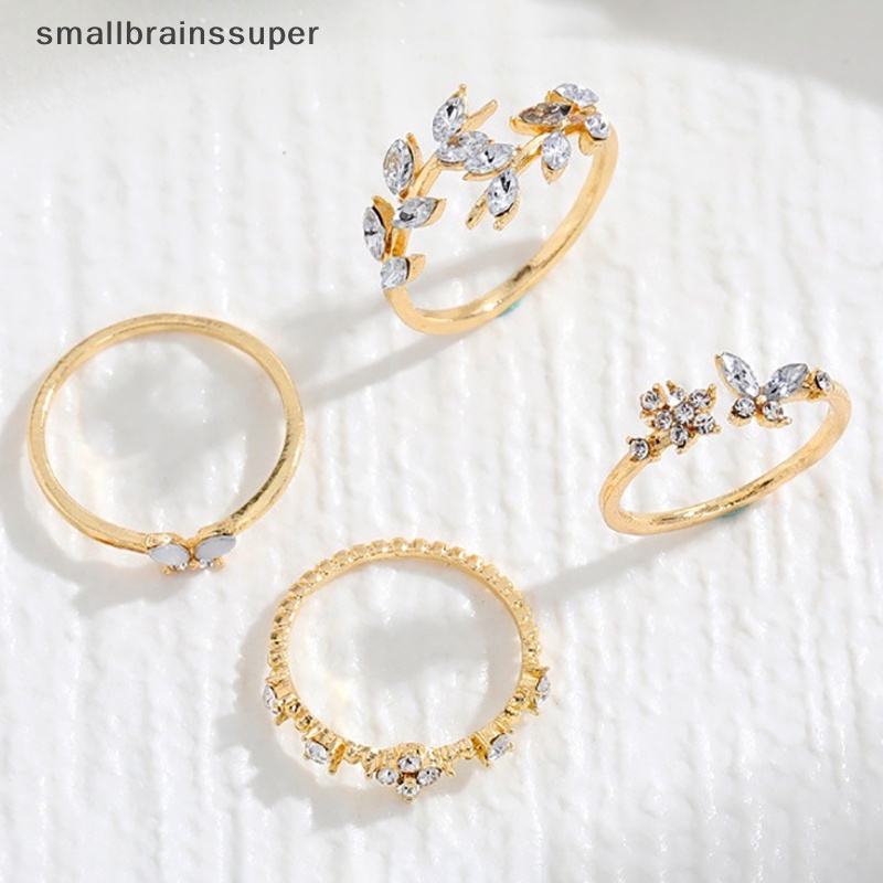 Bộ 4 Nhẫn Thời Trang Hàn Quốc Họa Tiết Hoa Lá Đính Kim Cương Giả Cho Nữ