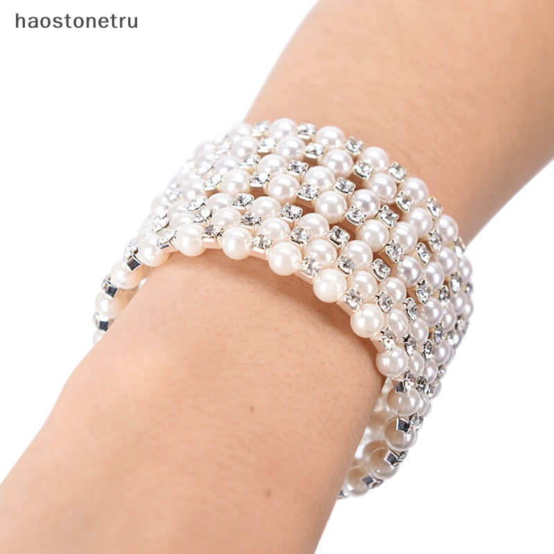 Ru Vòng Tay Ngọc Trai Pha Lê Nhiều Lớp Bản Rộng Co Giãn Trang Sức n