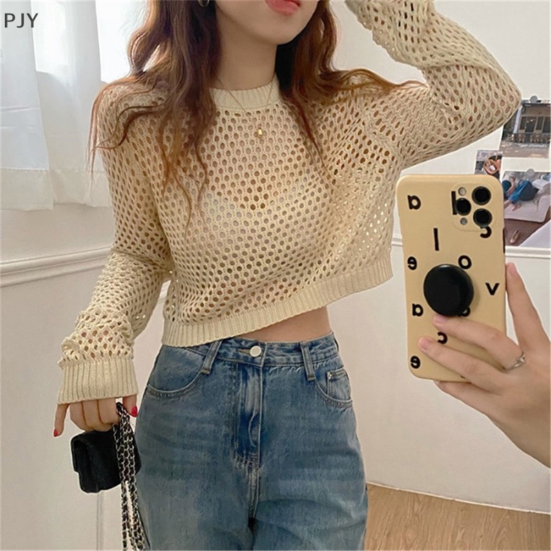 Pjy Áo Crop Top Dệt Kim Khoét Rỗng Cổ Tròn Màu Trơn Y2K Cho Nữ PJ