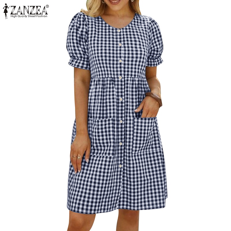 Zanzea Đầm Tay Ngắn Phồng Họa Tiết Sọc Caro Phong Cách Vintage Cho Nữ