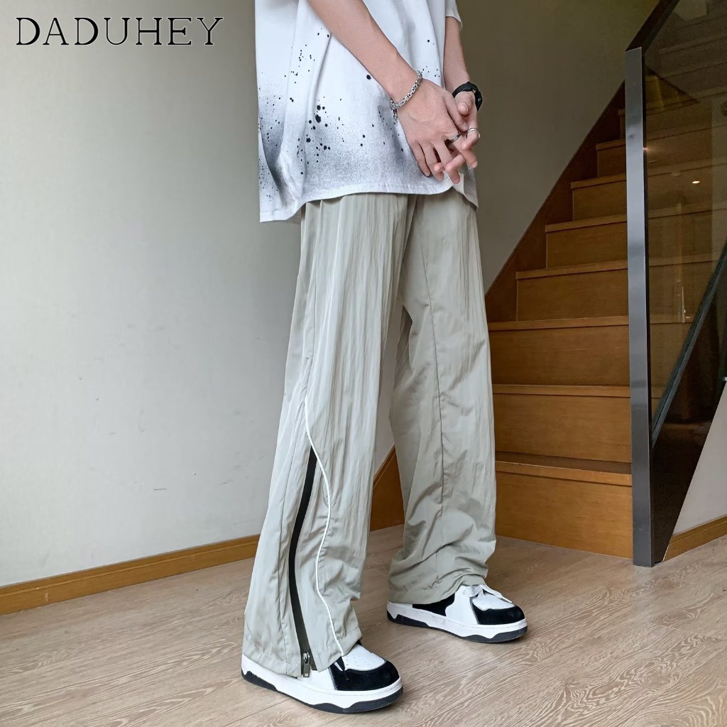 DaDuHey 2023 Summer New American High Street Ins Zipper Casual Pants Men's Fashion Ice Silk All-Match Loose Sports Pants Jogger Pants