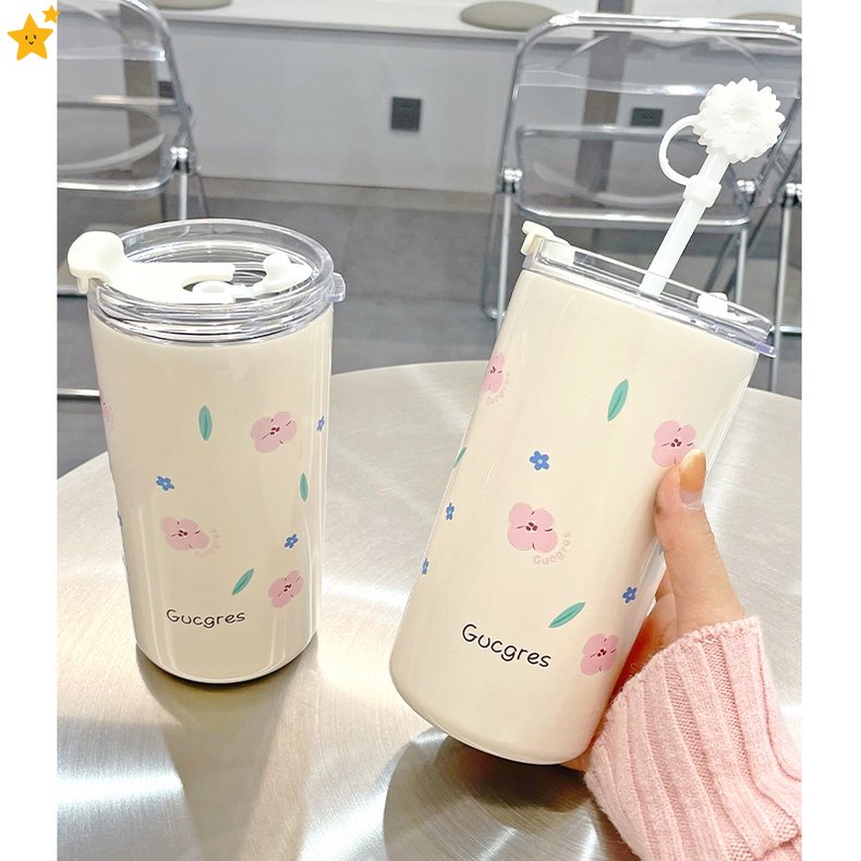 Bình Nước Giữ Nhiệt 480ML Bằng Thép Không Gỉ In Họa Tiết Hoa Dễ Thương Kèm Ống Hút Tiện Dụng Cho Gia Đình