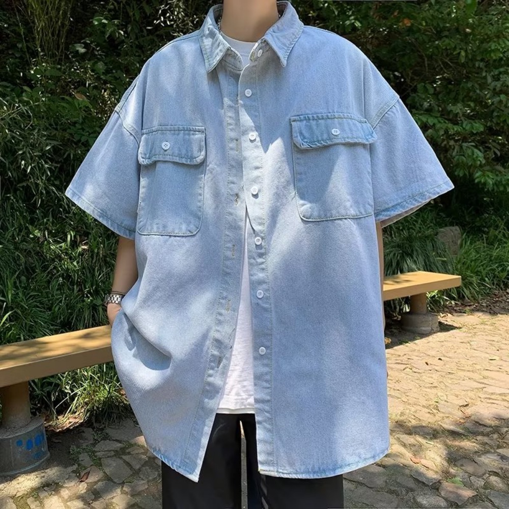 Áo Sơ Mi Denim Tay Ngắn Phong Cách Thời Trang Đường Phố Mới Cho Nam