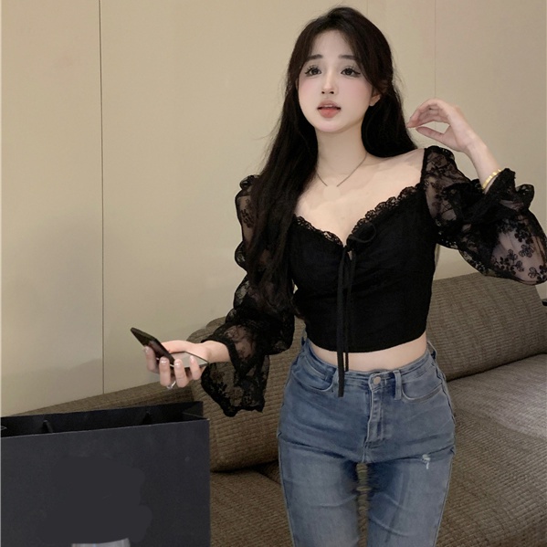 Áo Ren Mỏng Cổ Vuông Tay Loe Mềm Mại Thời Trang Mùa Hè 2023 Cho Nữ Ama5