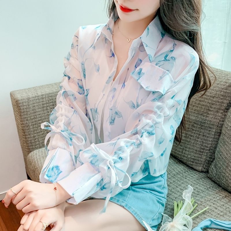 Áo Sơ Mi Tay Dài Vải Lụa Lạnh Mỏng Phối Dây Rút Thời Trang Mùa Hè Cho Nữ