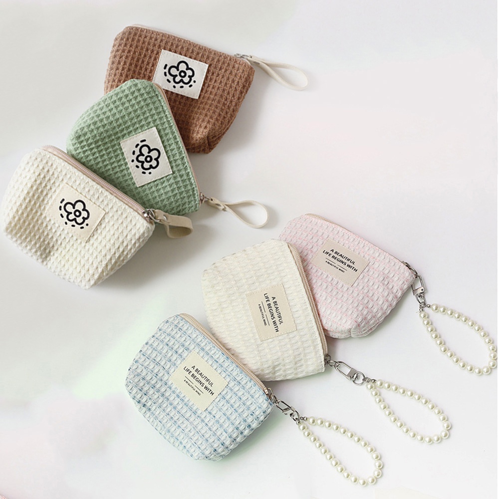 Ví Đựng Tiền Xu Đeo Cổ Tay Mini Bằng Vải Waffle Đính Ngọc Trai Dễ Thương