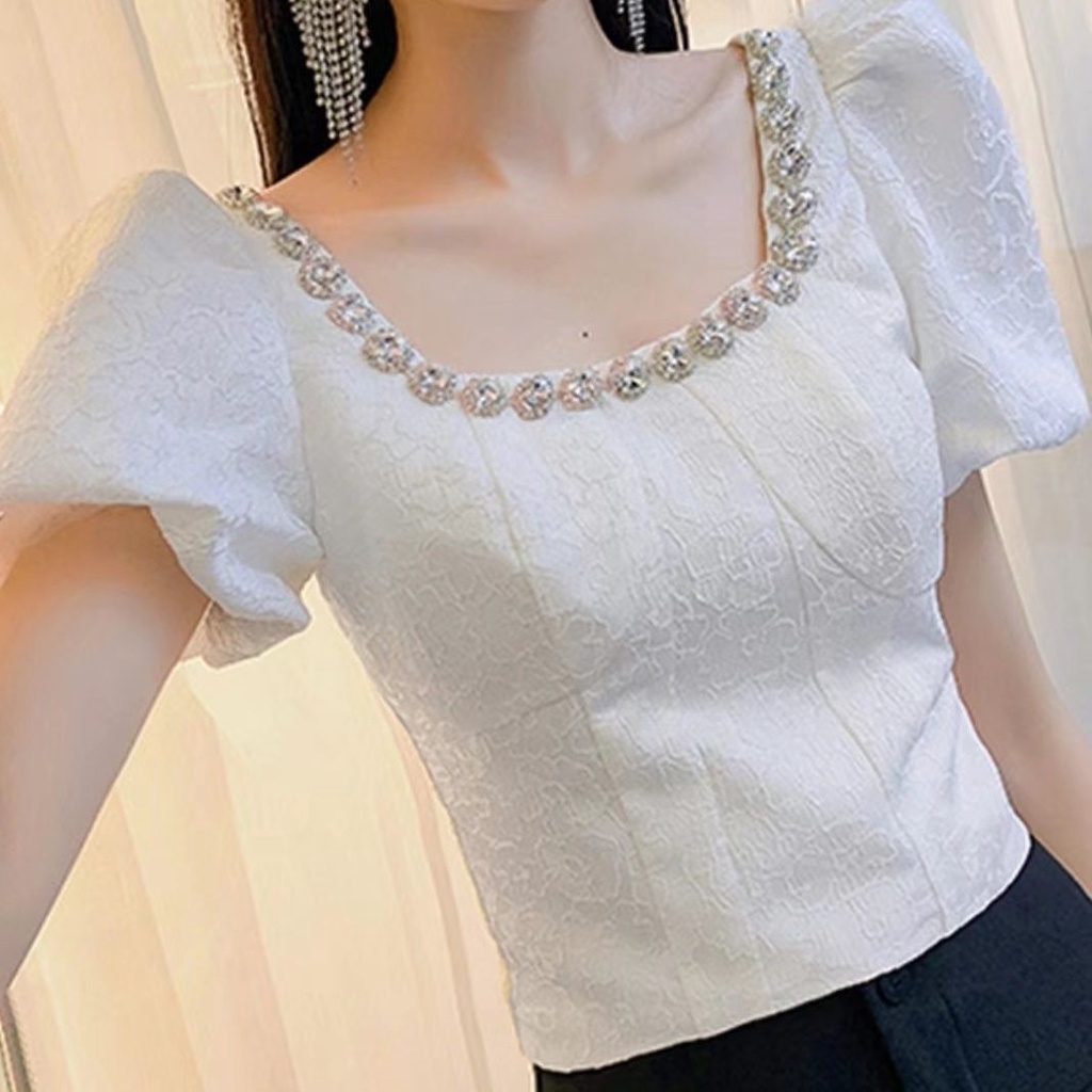 Áo Sơ Mi Ngắn Tay Lưng Cao Đính Hạt Thời Trang Mùa Hè 2023 Cho Nữ