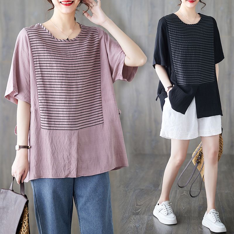 Áo Thun Cotton Lanh Kẻ Sọc Thời Trang Mùa Hè Cho Nữ