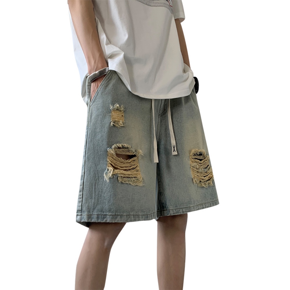 Quần Short Denim Mỏng Dáng Rộng Rách Cá Tính Phong Cách Retro Đường Phố Mỹ Cho Nam
