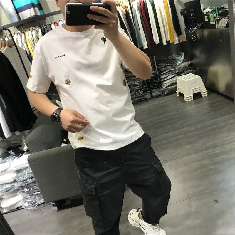 Áo Thun Cổ Tròn Dáng Ôm Thêu Hoạ Tiết Đơn Giản Trẻ Trung Dành Cho Nam Giới