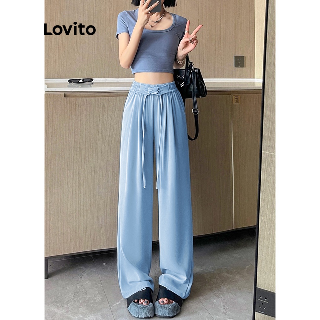 Quần Lovito ống rộng cạp cao trơn kiểu dáng đơn giản cho nữ LNE12133 (màu xanh dương nhạt)