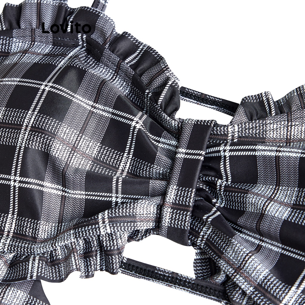 Đồ bơi một mảnh Lovito cắt xẻ kẻ sọc viền nhún bèo dễ thương buộc dây miếng đệm tháo rời được cho nữ L50AD007 (đen)