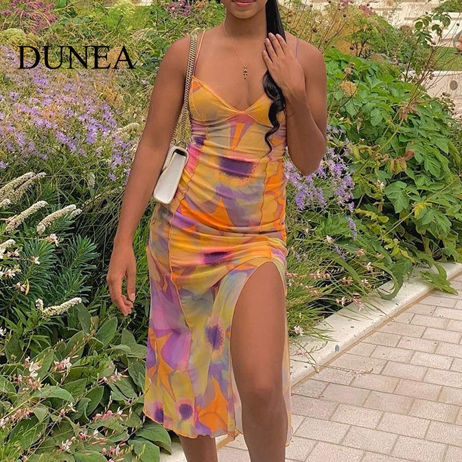 DUNEA Đầm Dài Cổ Chữ V Xẻ Tà Có Đệm Ngực In Họa Tiết Mùa Hè Cho Nữ