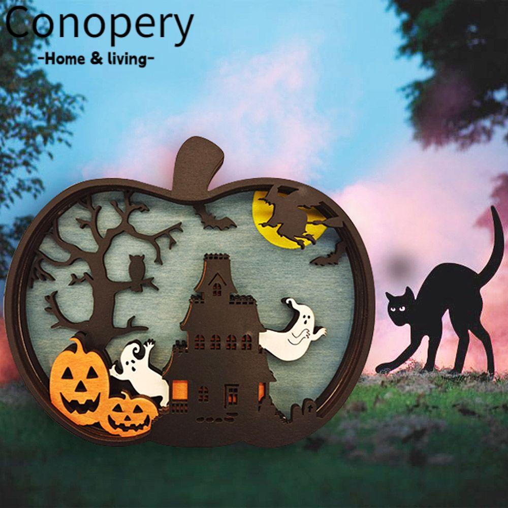CONOPERY Đèn Trang Trí Halloween Hình Bí Ngô Bằng Gỗ Vui Nhộn