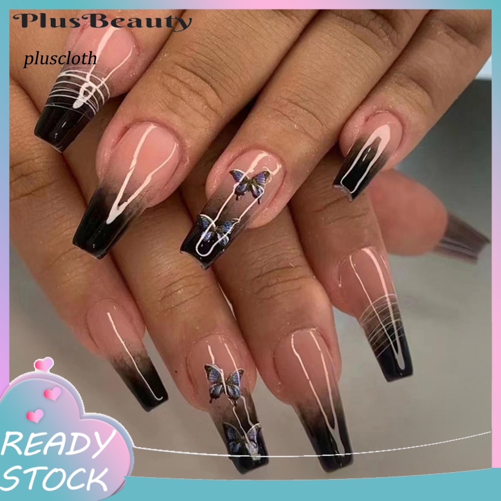 &lt; Pluscloth &gt; Set 24 Móng Tay Giả Họa Tiết Bướm Kẻ Sọc Màu Gradient Dễ Tẩy Trang Cho Nữ