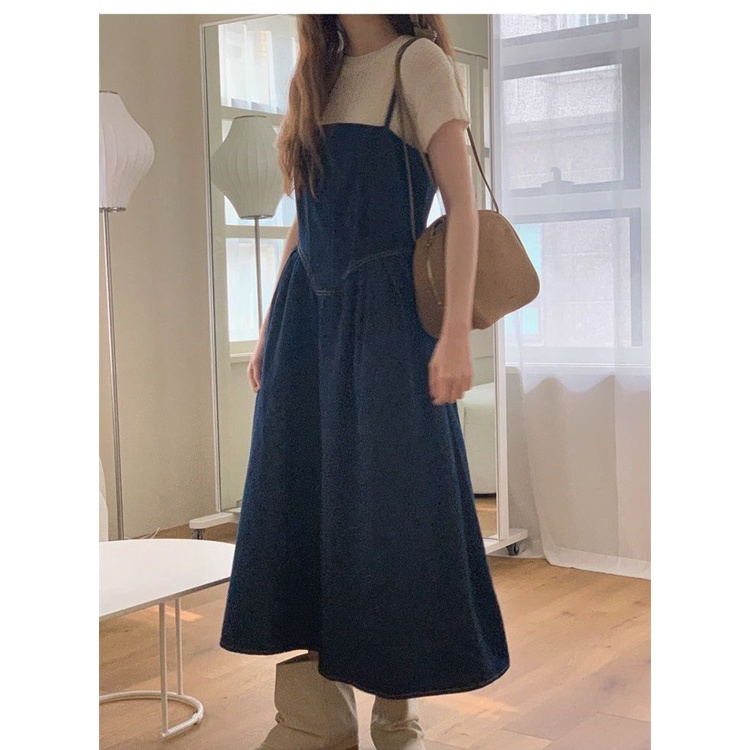 Bộ Áo Dệt Kim + Váy Yếm Denim Lưng Cao Thời Trang Mùa Hè Hàng Mới 2023 Dành Cho Bạn Nữ