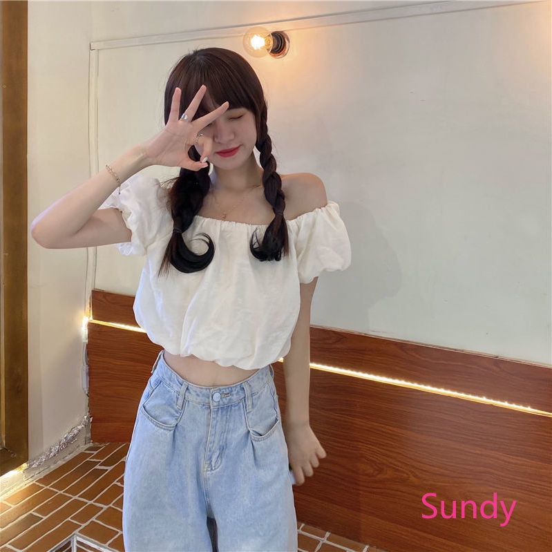 Plus Áo Croptop Trễ Vai Tay Phồng Dáng Rộng Thời Trang Mùa Hè Hàn Quốc Cho Nữ