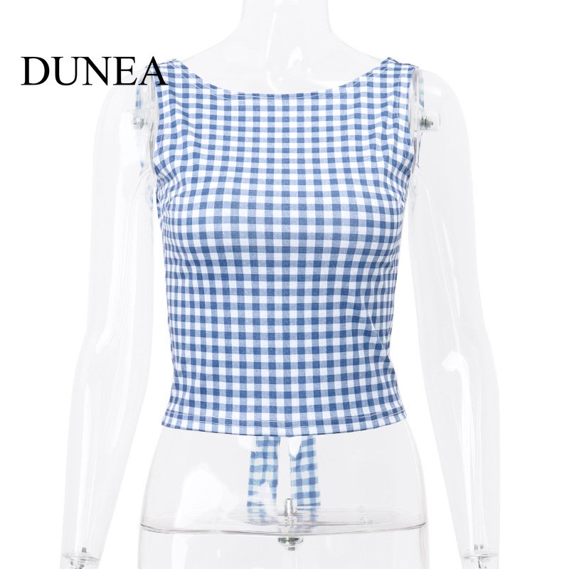 DUNEA Áo Hai Dây Hở Lưng Thắt Nơ Họa Tiết Sọc Caro Phong Cách Ins Cho Nữ