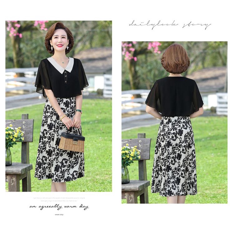 Đầm Chiffon Giả Hai Lớp In Họa Tiết Phong Cách Hàn Quốc Thời Trang Mùa Hè 2023 Cho Phụ Nữ Trung Niên