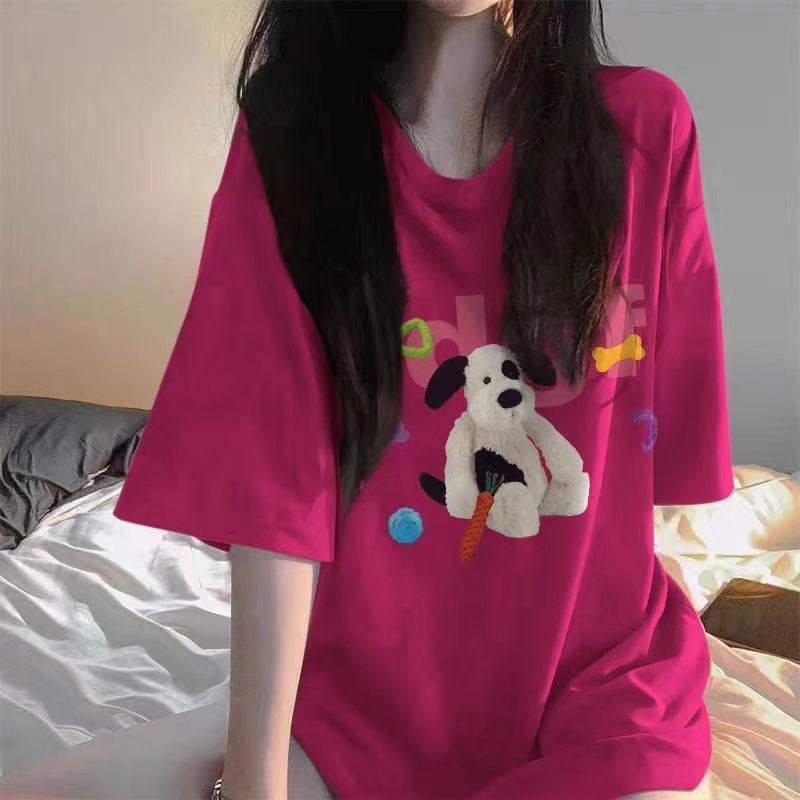 Cozok Áo Thun Ngắn Tay in Chữ Màu Đỏ Hồng Và Chữ Phong Cách Vintage Thời Trang