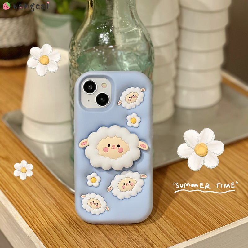Ốp Điện Thoại Silicone Mềm Tích Hợp Giá Đỡ Hình Cừu 3D Màu Xanh Dương Cho iPhone 14 13 12 Pro Max 11